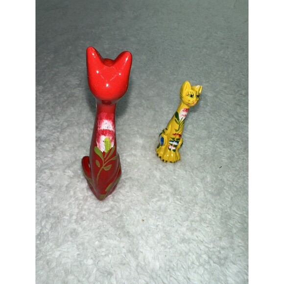 Folk Art Hand Painted Long Neck Cat Figurines 4” & 2.5” VTG MCM Anthropomorphic - Picture 15 of 16